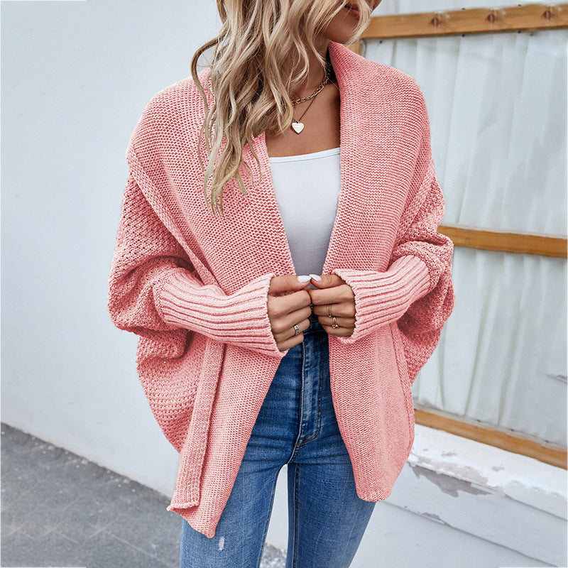 Loose Knit Solid Color Bat Sleeve Large Lapel Cardigan Sweater for Women Autumn Winter Jacket