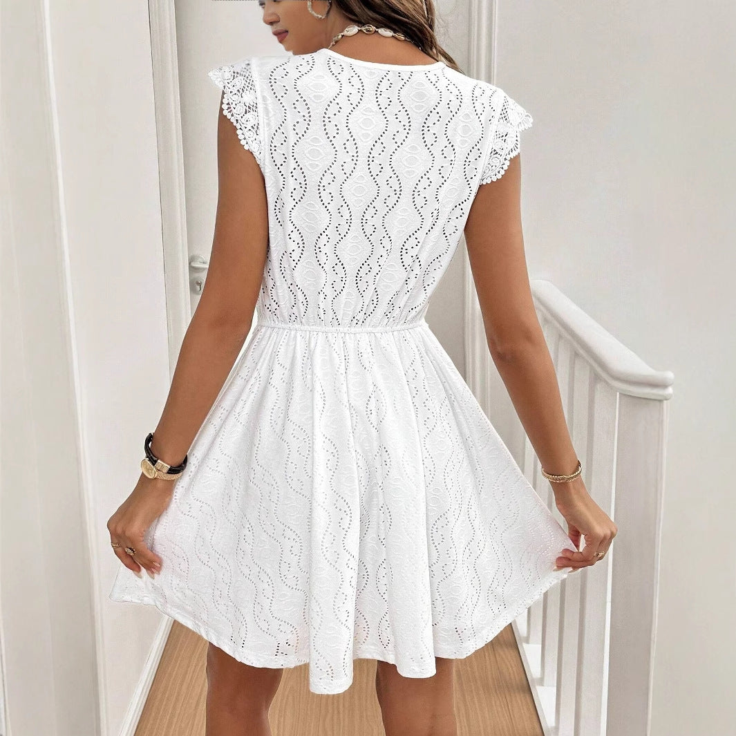 Knitted Jacquard Hollow Out V-neck Stretch Lace Skirt Dress