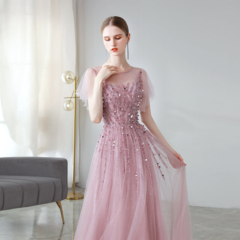 Slim U-Neck Evening Dress for Celebrity Dinner and Solo Recitation in Multiple Colors