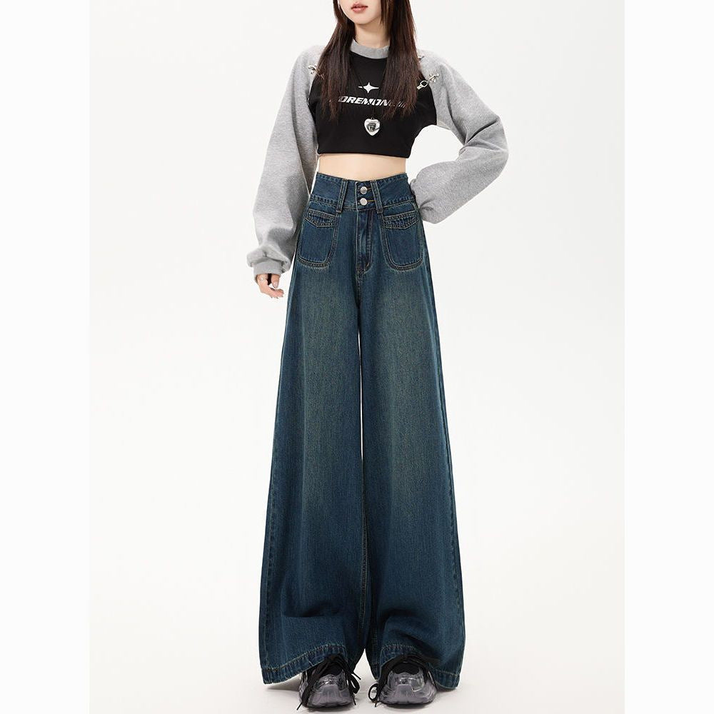 Retro Wide Leg Jeans Women's Loose Small High Waist Straight