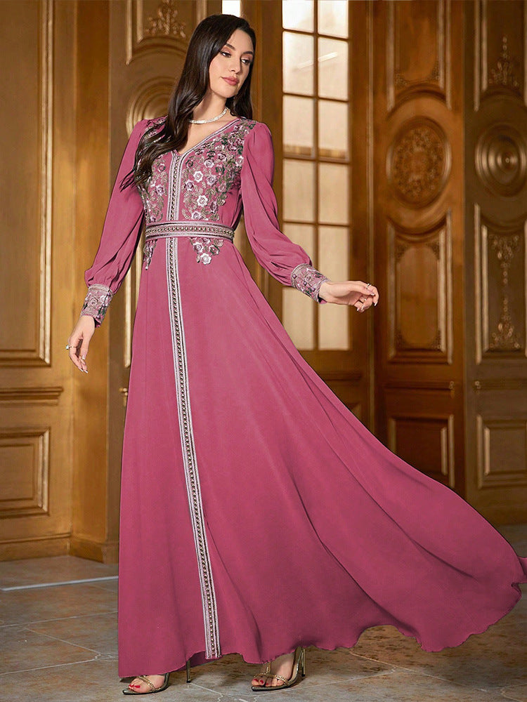 Arabian Muslim Rose Red Embroidered Chiffon Dress Long Sleeve A-Line