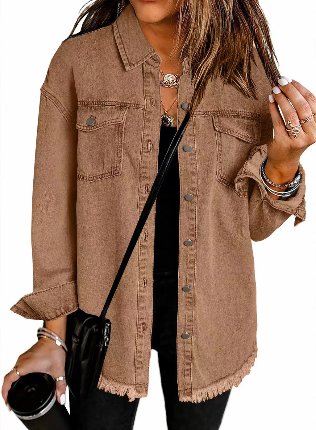 Washed Denim Shirt Women’s Street Style Frayed Hem Coat