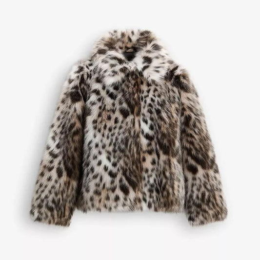 Womens Leopard-Print Casual Warm Coat with Faux Fur Collar