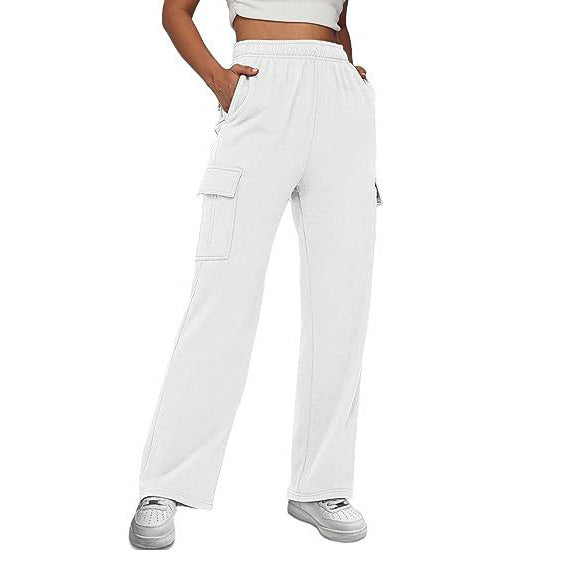 Women's High Waist Pocket Overalls Casual Pants Polyester