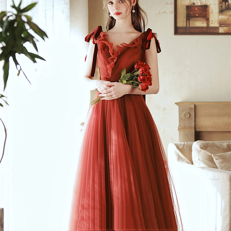 Robe de fiançailles sans manches rouge style coréen pour femme