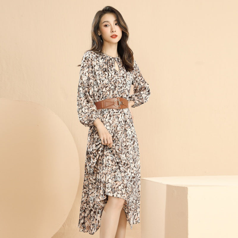 Fashion Round Neck Floral Waist Tie Dress