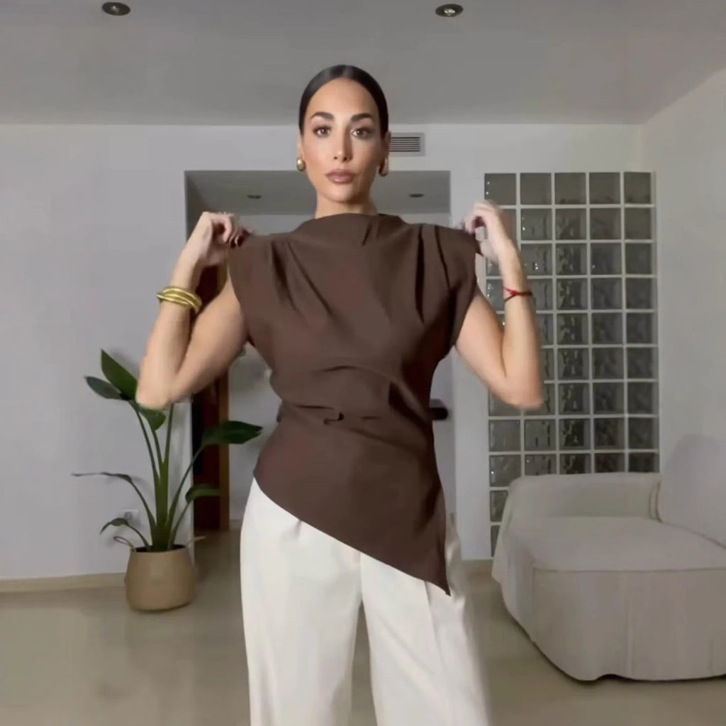 Pleated Padded Shoulder Slim Fit Top
