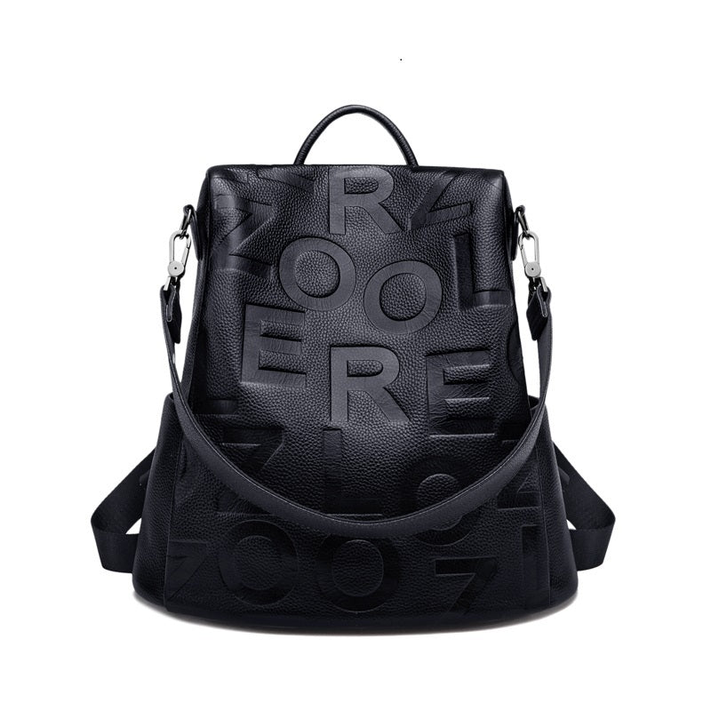 High-Capacity Ladies Bag in Black Top Layer Cowhide Leather