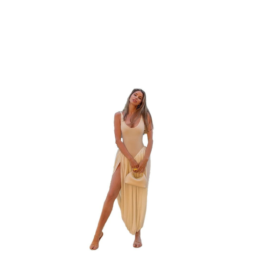 Robe plissée dos nu fendue et col en U
