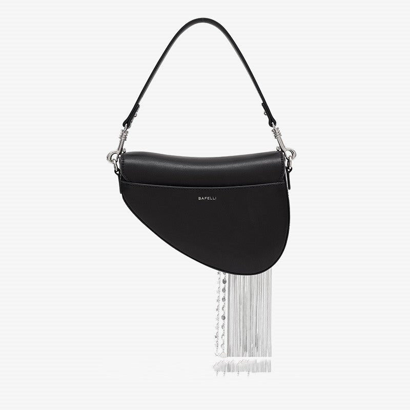 Cowhide Tassel Crossbody Bag with Magnetic Closure in Black