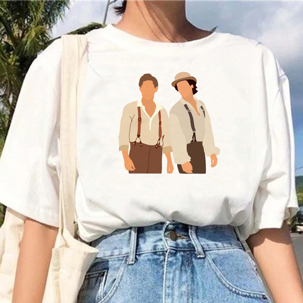 Pull décontracté en coton blanc à manches courtes et motif géométrique pour femme