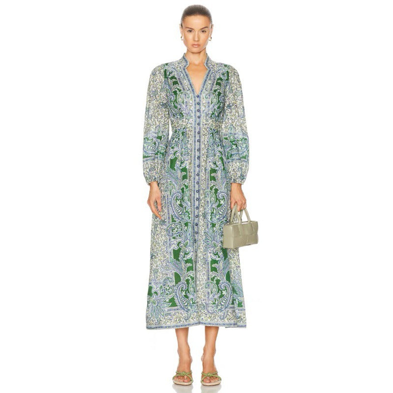 Robe longue boutonnée à motif géométrique rétro verte