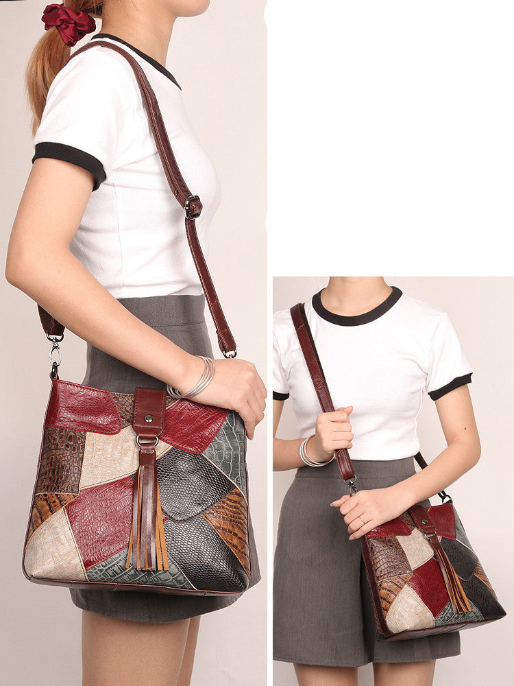Fringed Soft Cowhide Leather Bucket Messenger Bag