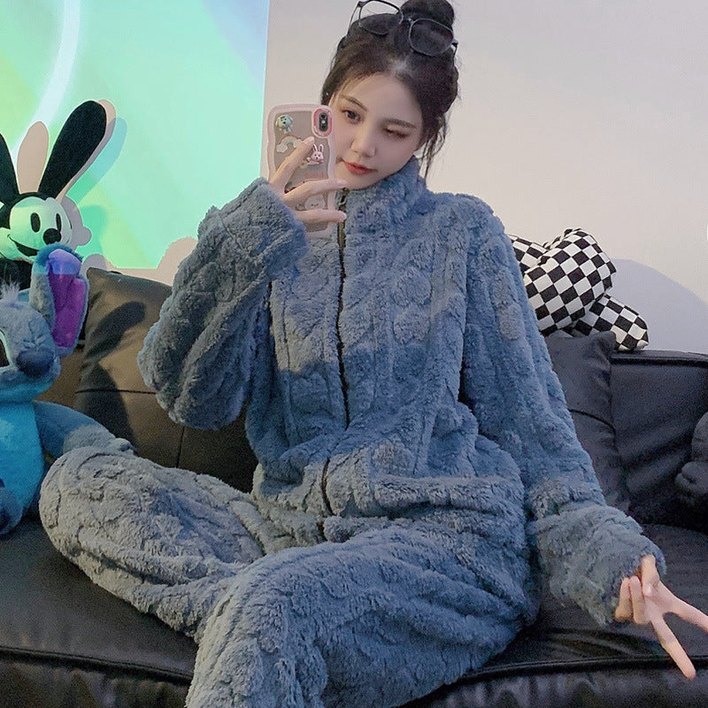 Women's Winter Woolen Flannel Pajamas with Cardigan and Stand Collar