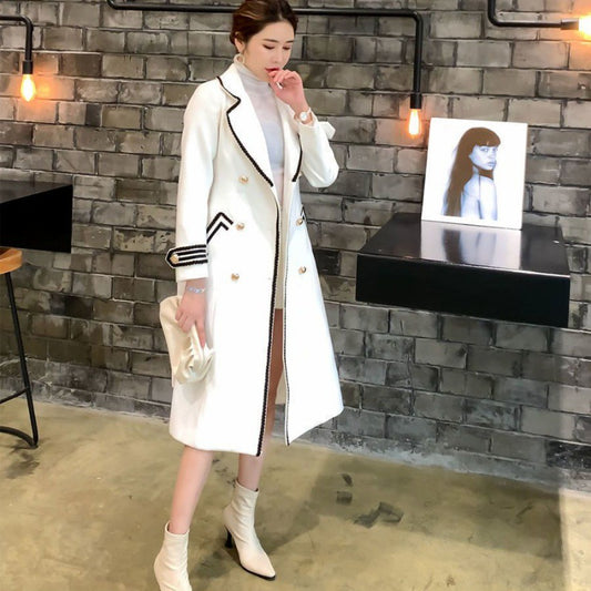 Thickened Slim Fit Double Breasted White Woolen Coat Below Knee for Women