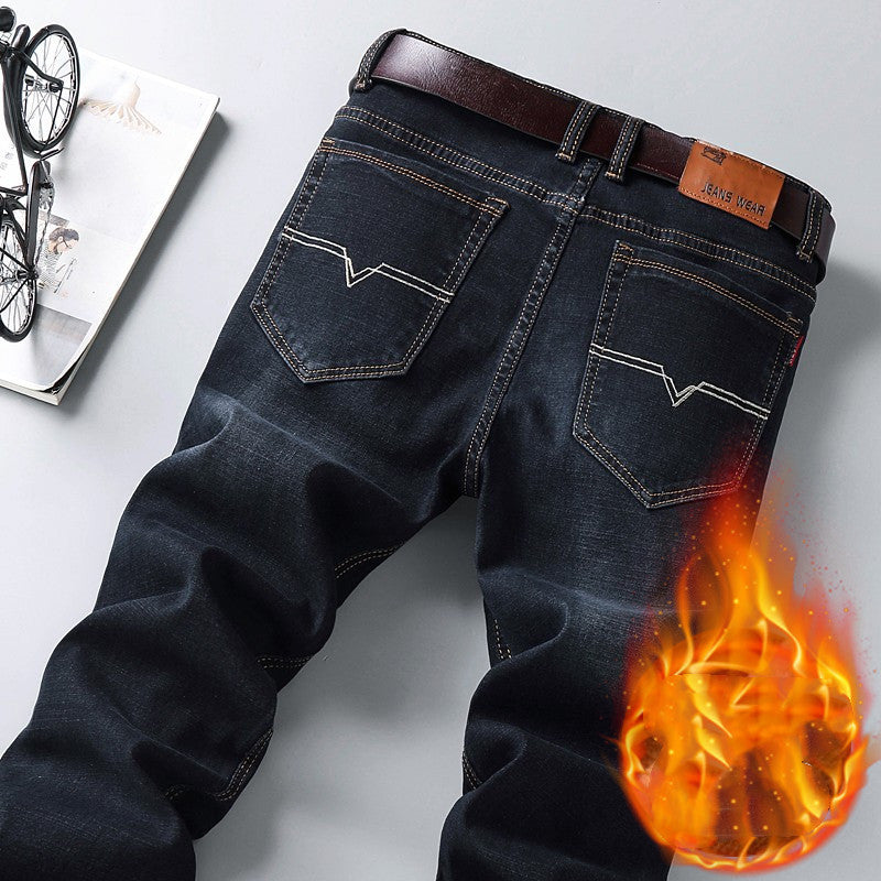 Men's Loose Straight Fit Jeans with Plush Lining for Autumn and Winter