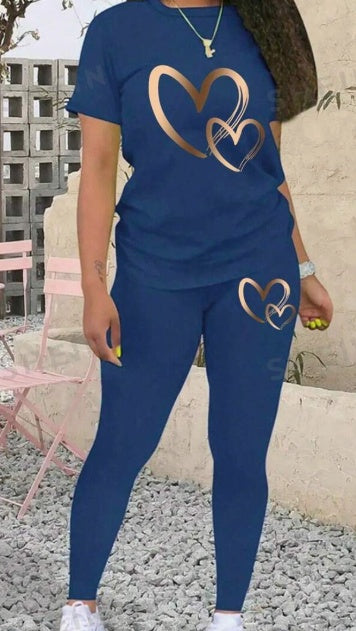 Slayr Women's Heart Printed Short Sleeve T-Shirt And Leggings Set For New Year Clothes