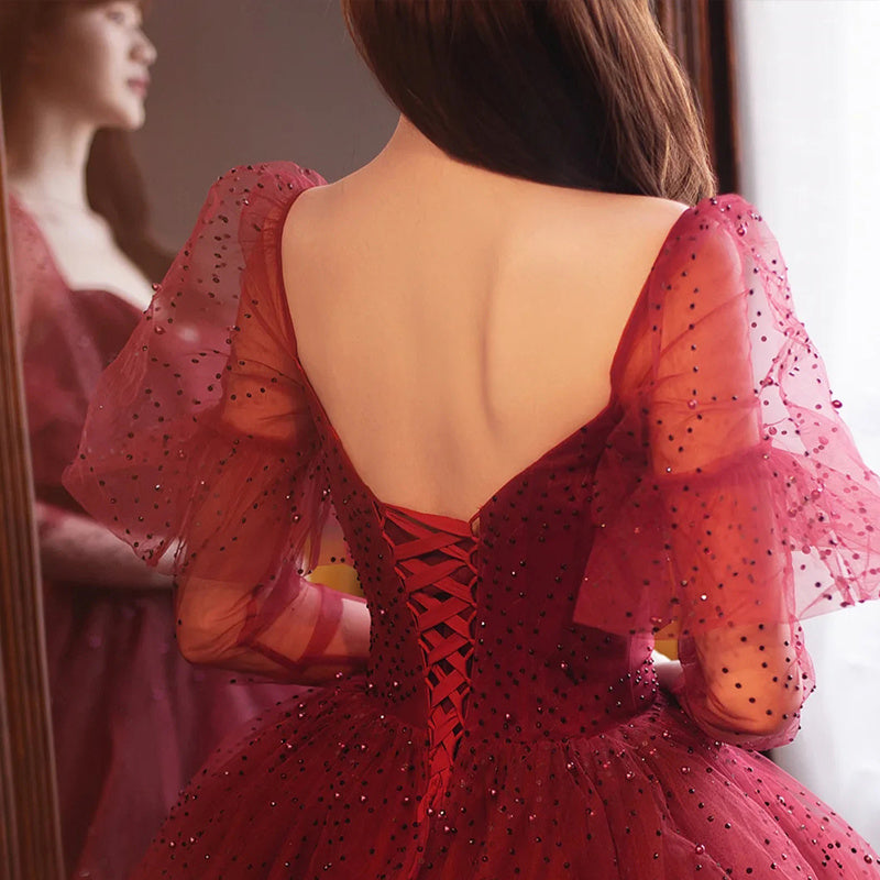 Wine Red Long Sleeve Bubble Sleeve Banquet Dress for Women