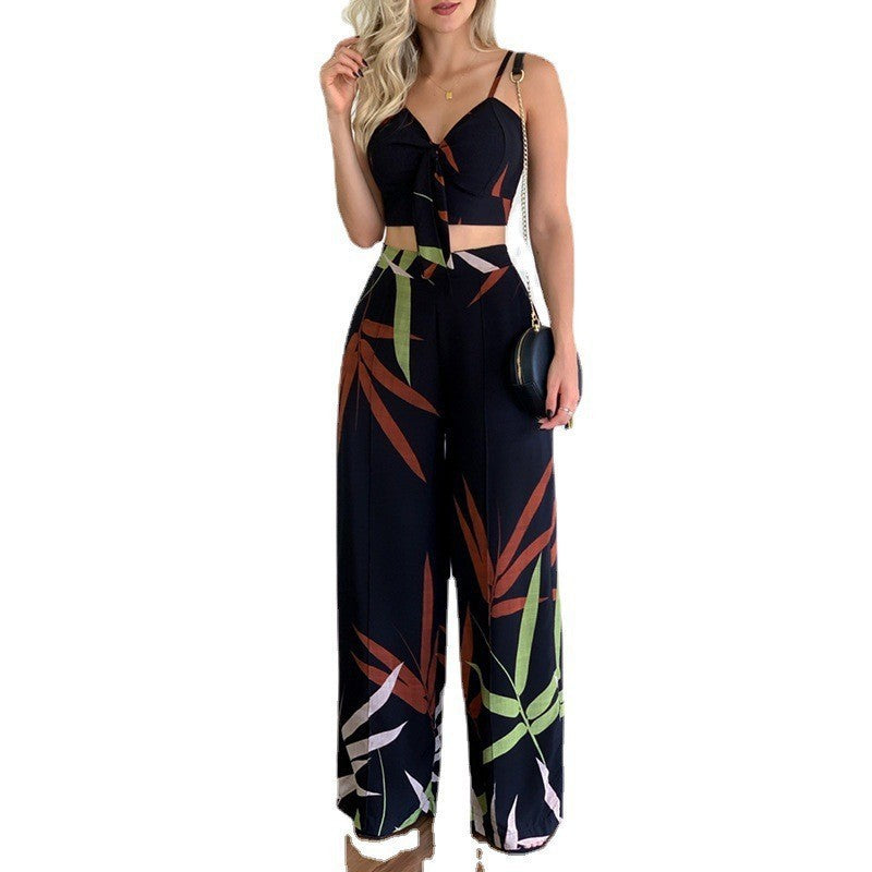 Linen V-Neck Short Vest & High Waist Wide Leg Pants Two-Piece Set