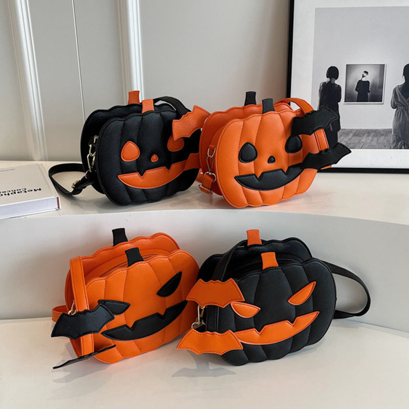 Funny Pumpkin Cartoon PU Shoulder Crossbody Bag with Bat Design for Women