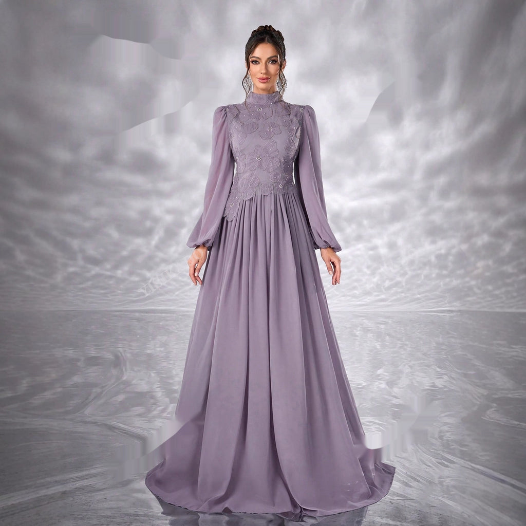 Élégante Robe Musulmane en Chiffon Floral à Manches Longues Bouffantes