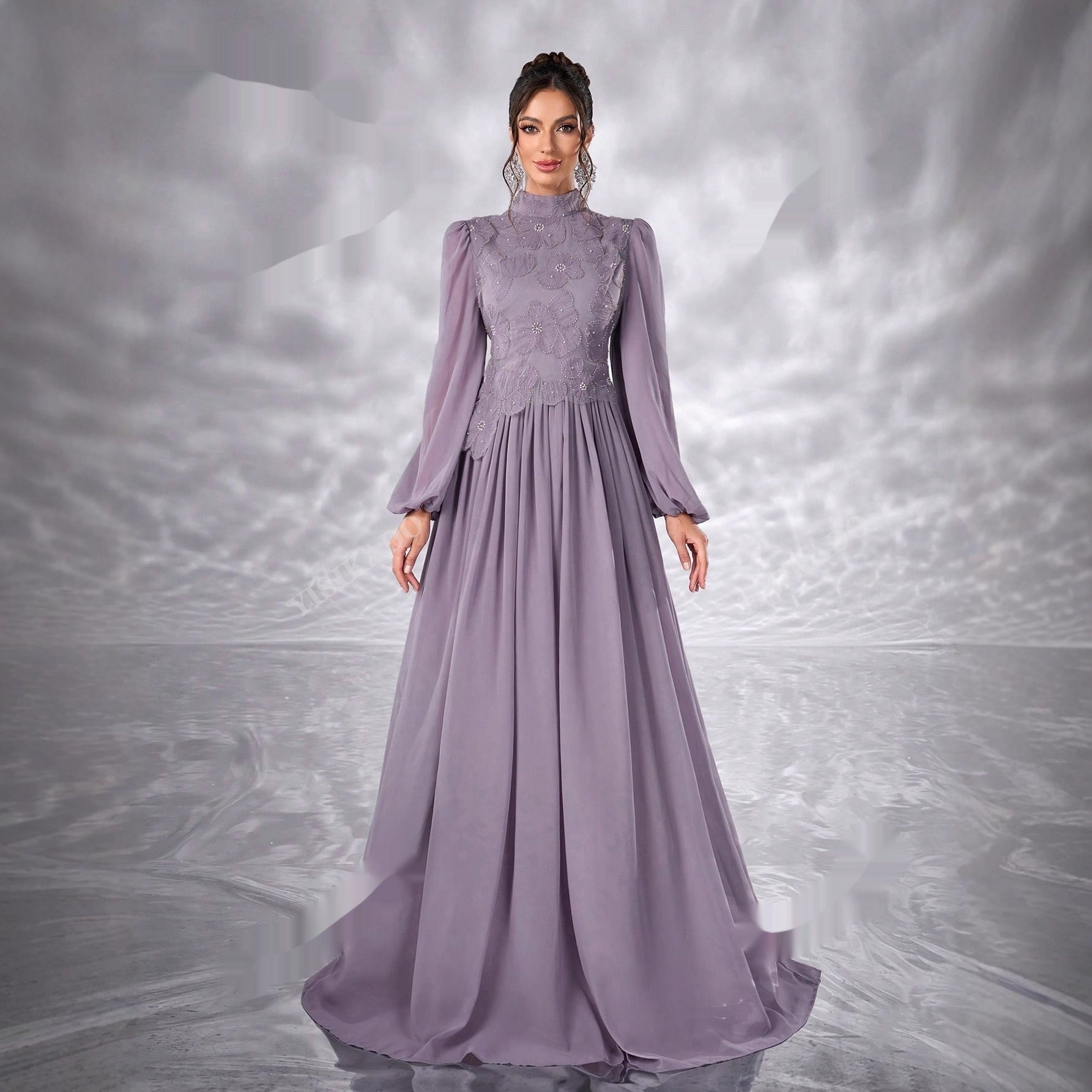 Élégante Robe Musulmane en Chiffon Floral à Manches Longues Bouffantes
