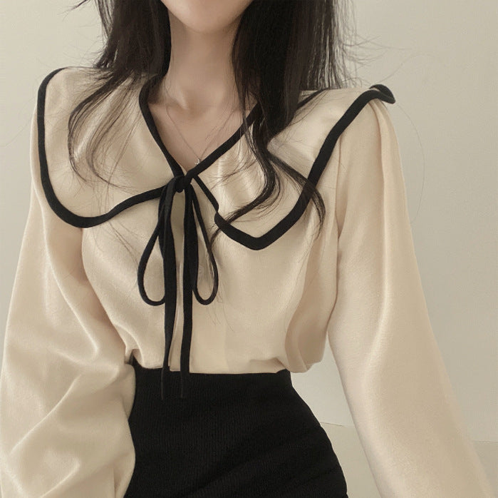 Loose Slimming Lace-Up Lapel Women's Shirt with Lantern Sleeves