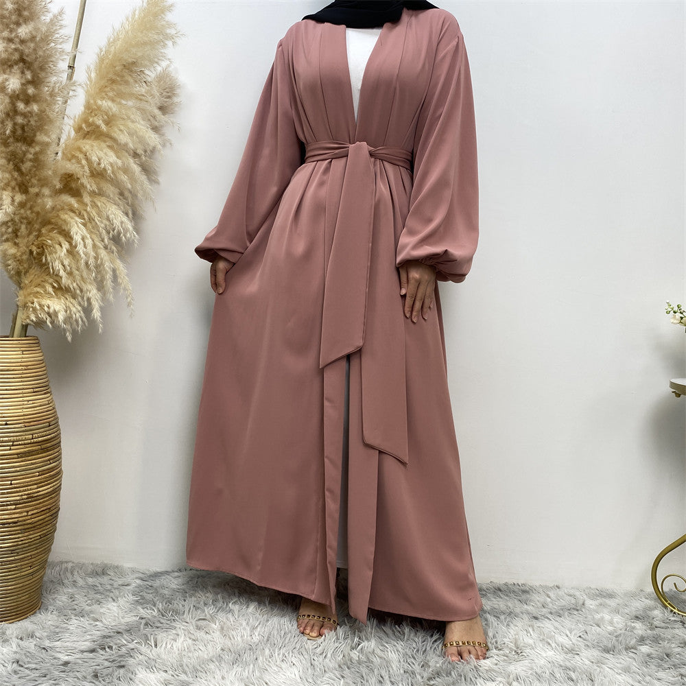 Lace-Up Cardigan Robe with Cuffs & Pockets for Middle Eastern Women