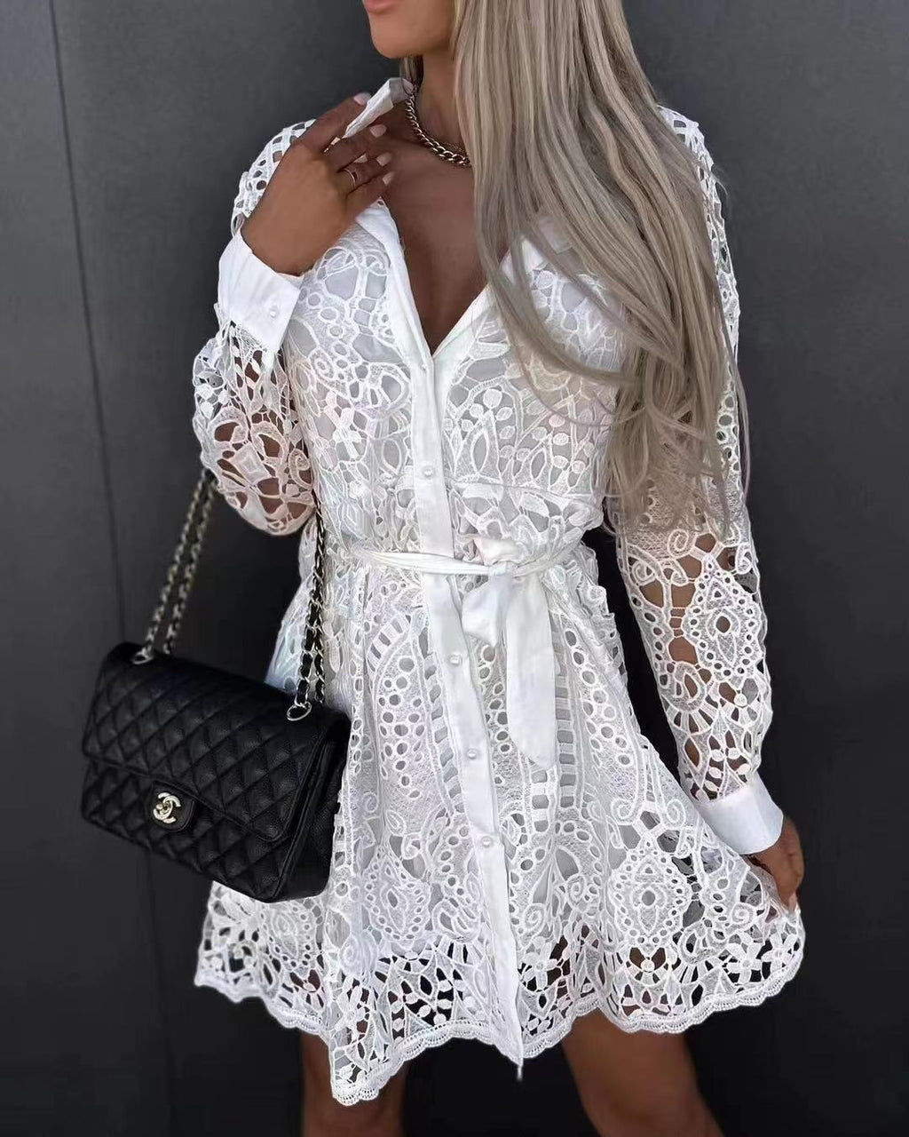 Elegant Temperament Lace Mini Dress with Belt