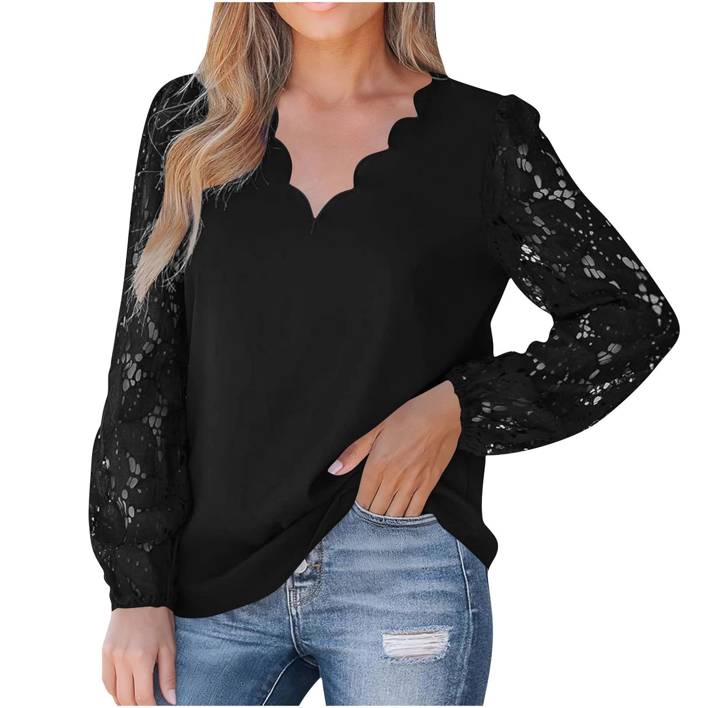 Womens V-Neck Floral Lace Long-Sleeve Shirt with Wave Pattern