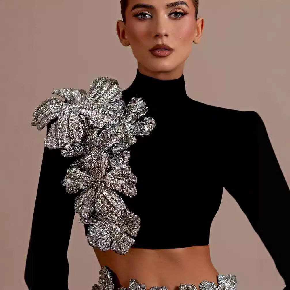 Black Two-Piece Set: Long Sleeve Top & Short Hip Skirt with Diamonds
