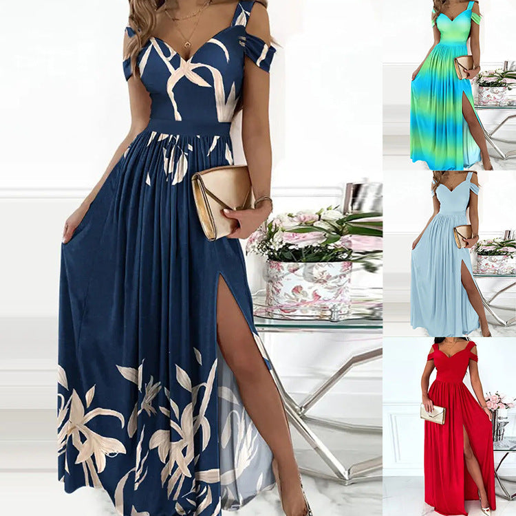 V-Neck Boho Spaghetti Strap Long Split Dress for Party & Beach