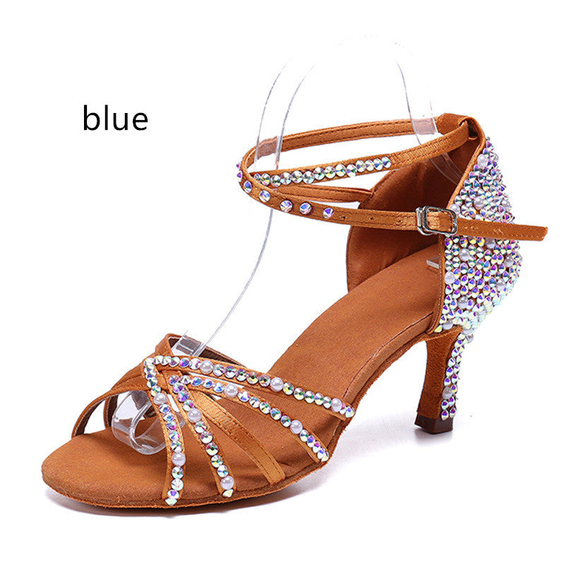 Women’s Rhinestone Pearl Satin Latin Dance Shoes High Heels