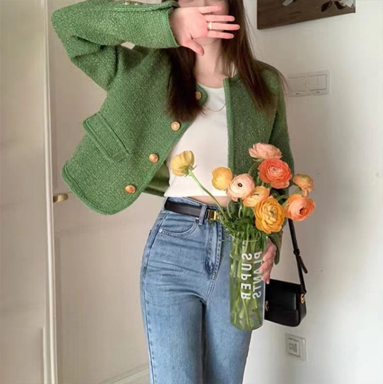 Veste française classique en tweed vert de haute qualité