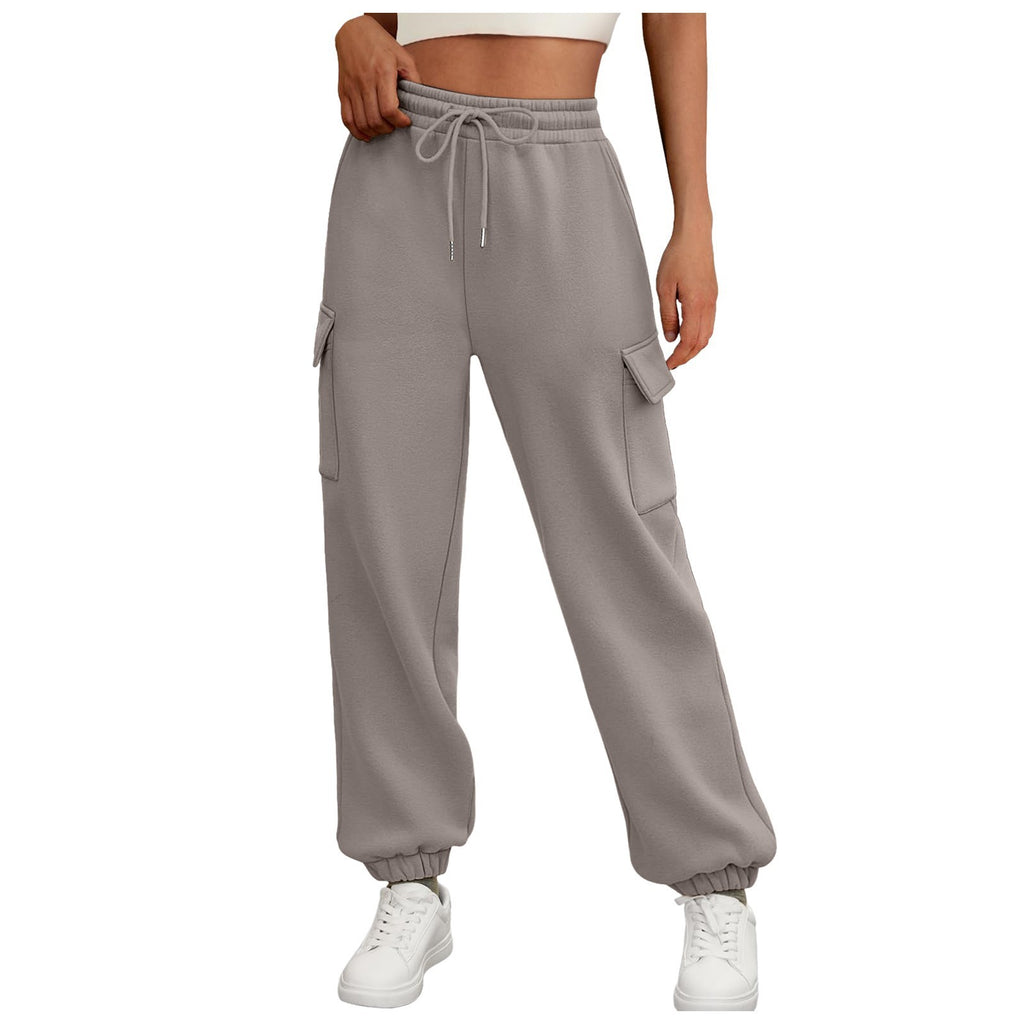 High Waist Casual Straight-Leg Pants with Side Pockets and Elastic Waistband