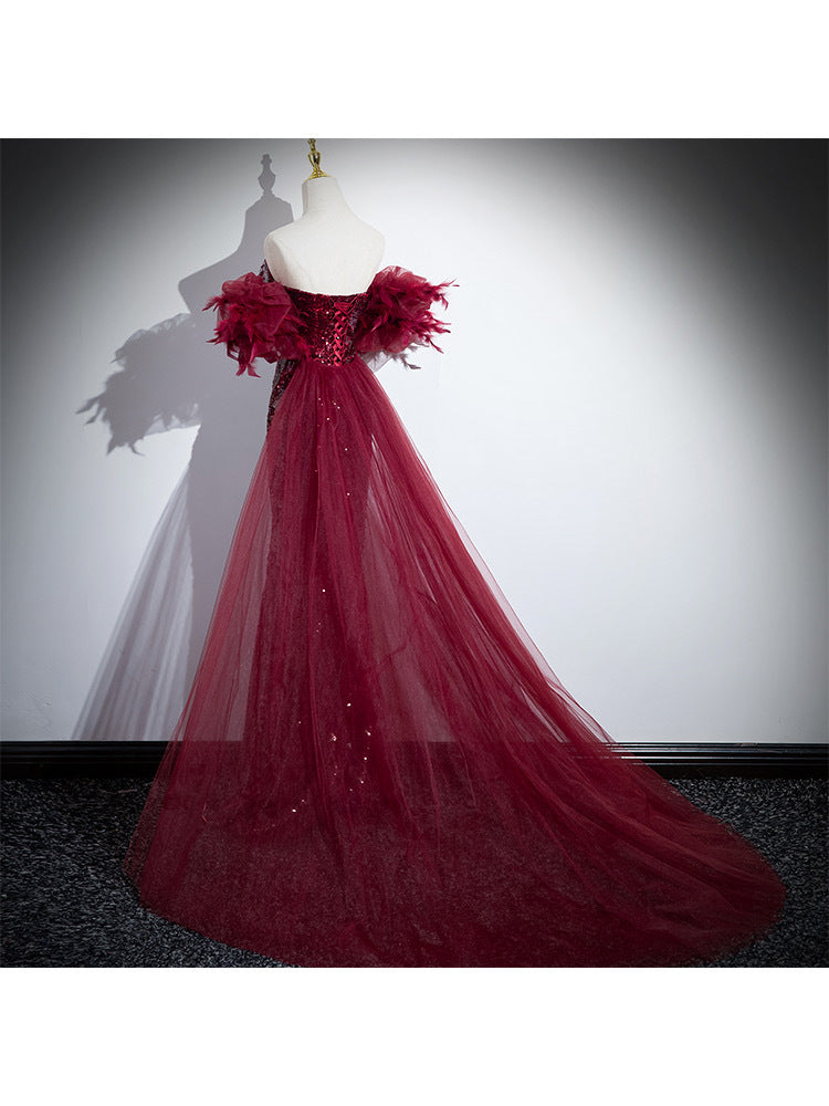 Wine Red Fishtail Sequins Wedding Evening Dress with Lantern Sleeves