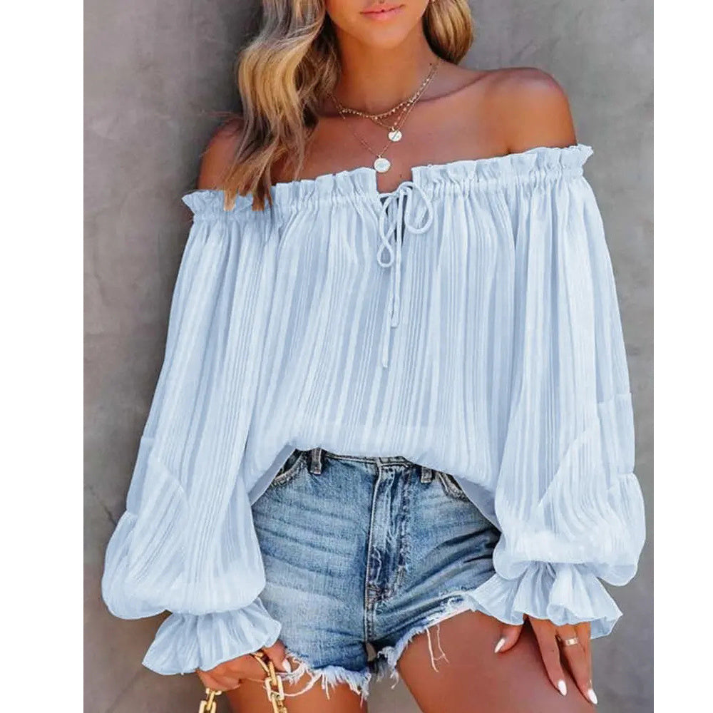 Off-Shoulder Elastic Pullover Top with Lantern Sleeves