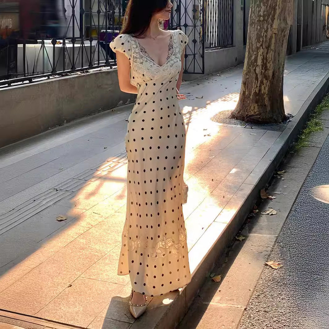Women's Lace V-Neck High Waist Polka Dot Dress S-XL