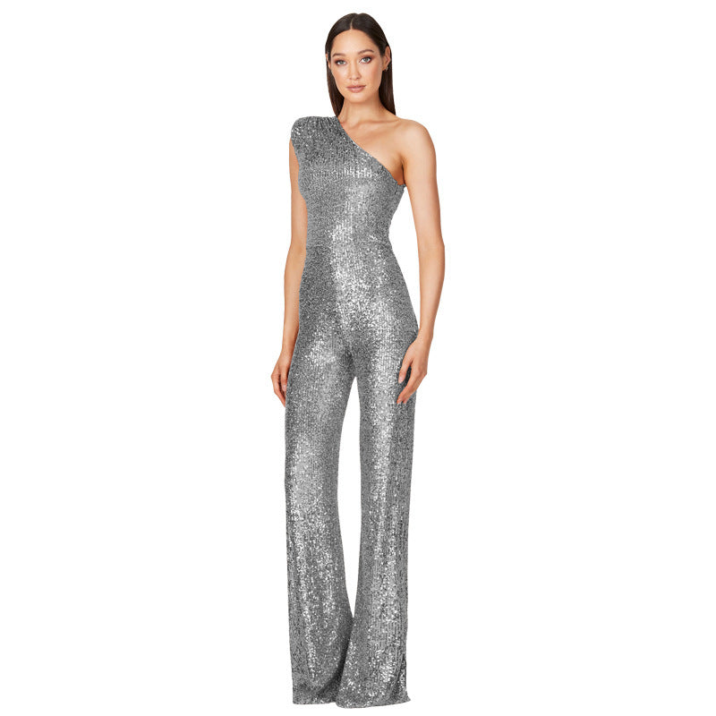 Sleeveless One Shoulder Sequin Jumpsuit