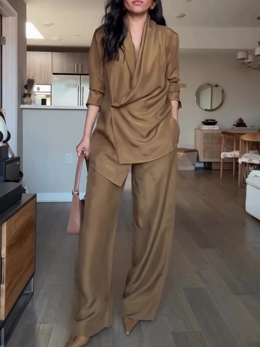 Wrap-Style Satin Blouse & Wide-Leg Pants Set