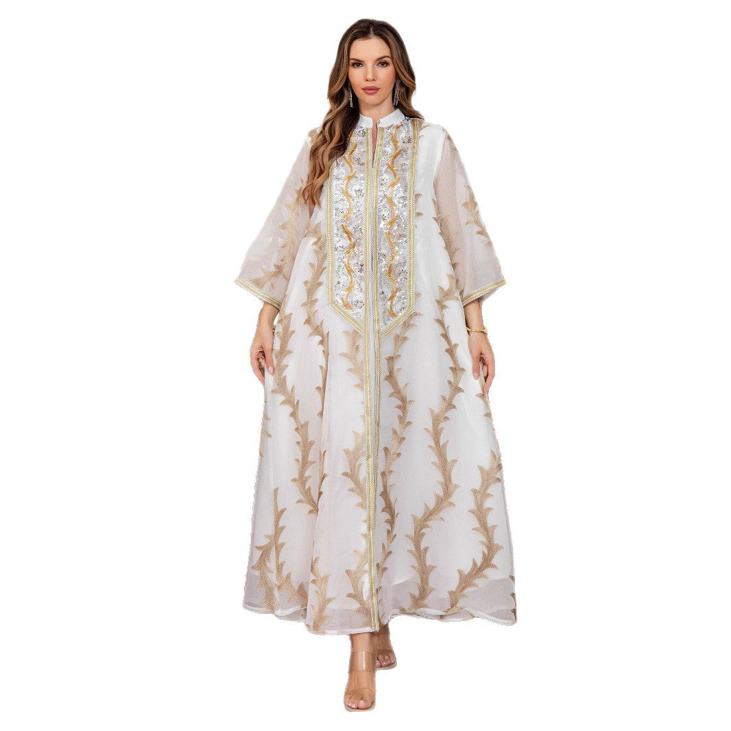 Robe longue brodée en maille résistante à manches longues pour femme