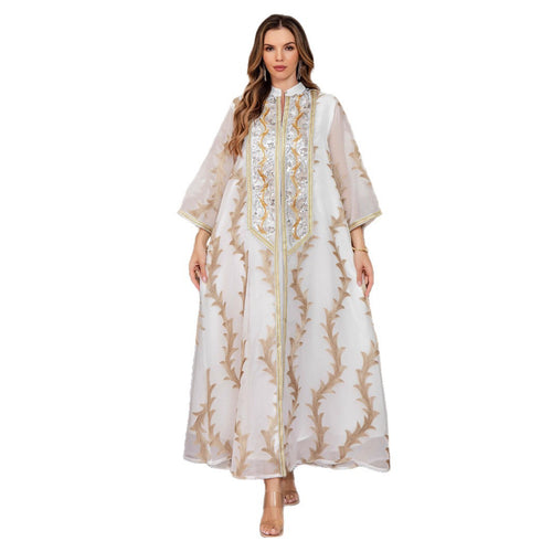 Women's Heavy-Duty Mesh Embroidered Long Dress with Long Sleeves