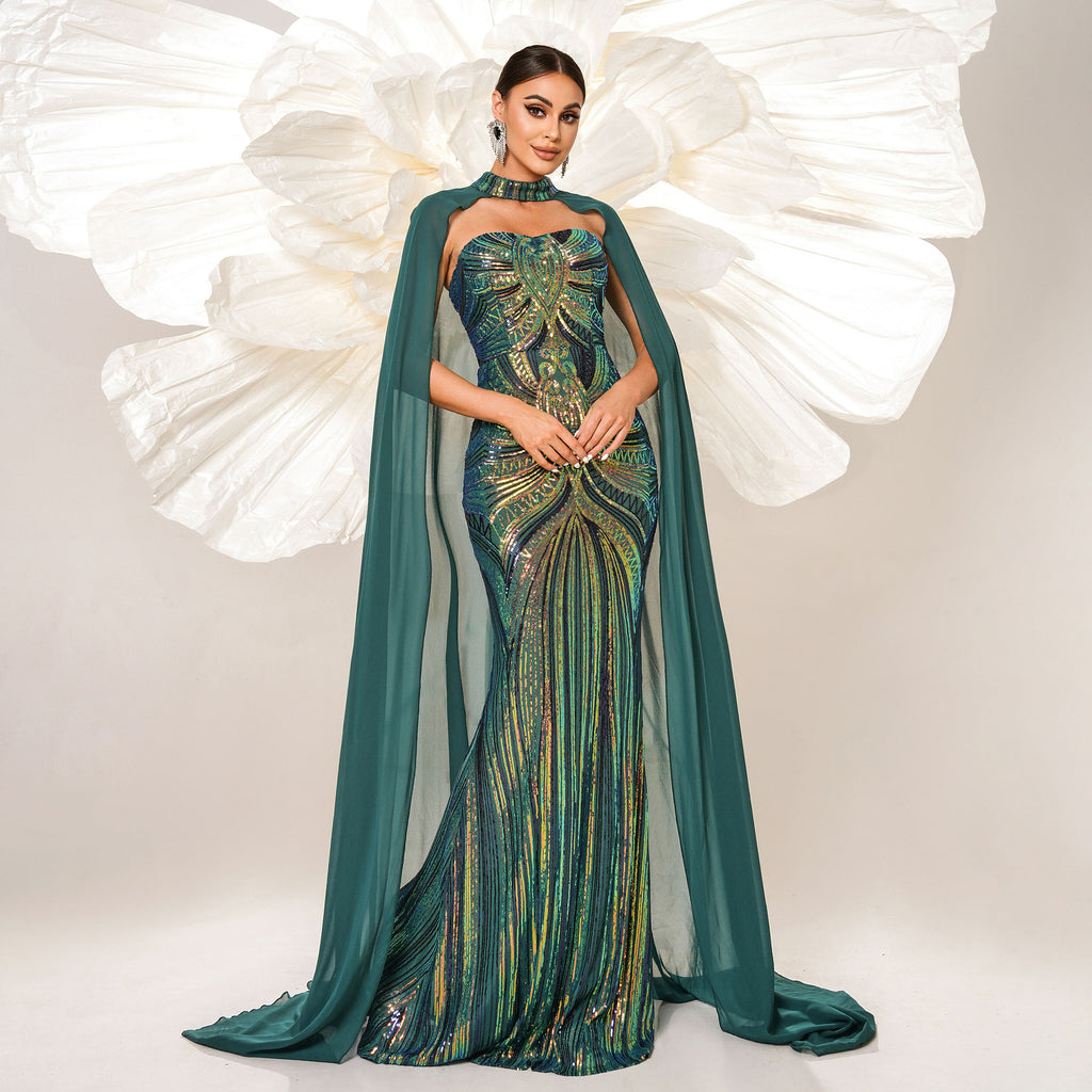 European & American Long Sleeve Round Neck Sequin Dress