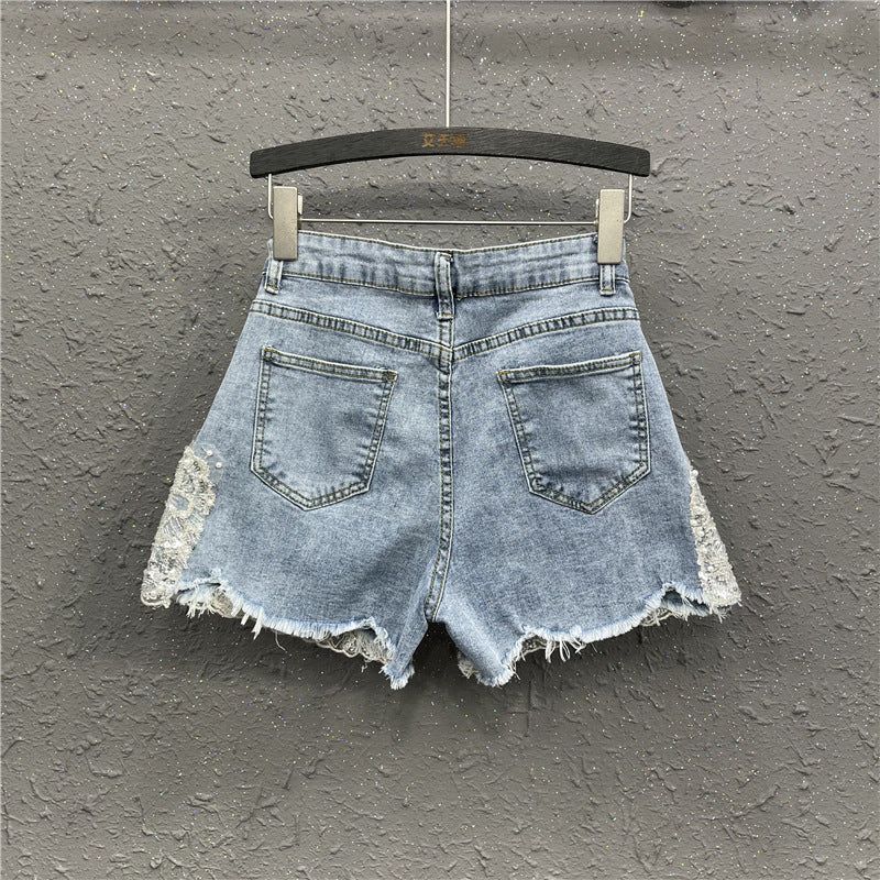 Beaded Western Style Light Blue Denim Shorts for Women