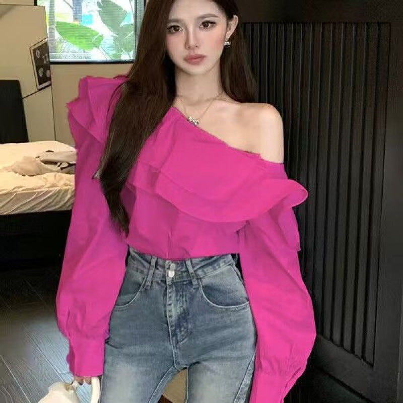Women's Elegant Ruffled Off-Shoulder Long Sleeve Shirt