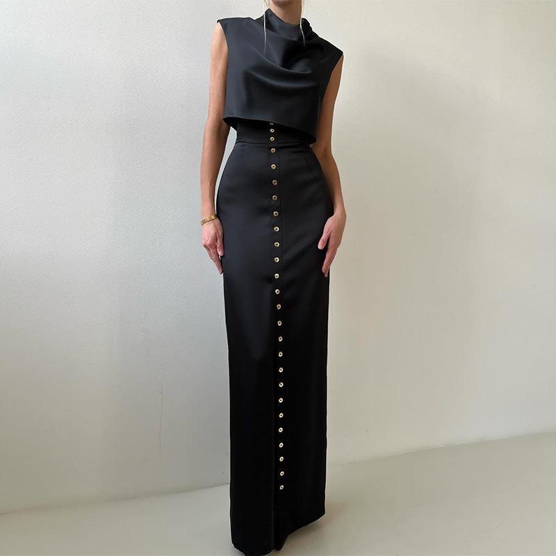 Summer Sleeveless Pile Collar Top with Breasted Slim Fit Skirt Set in Blue & Black