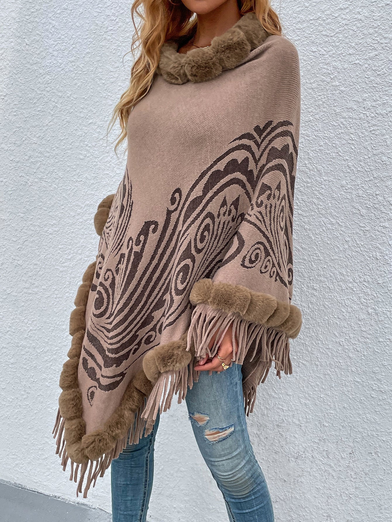 Khaki Wool Collar Tassel Shawl Pullover Sweater Cloak