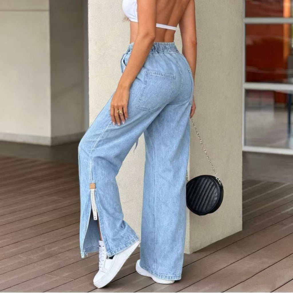 Loose-Fit Light Blue Denim Jeans With Slit & Elastic Waist
