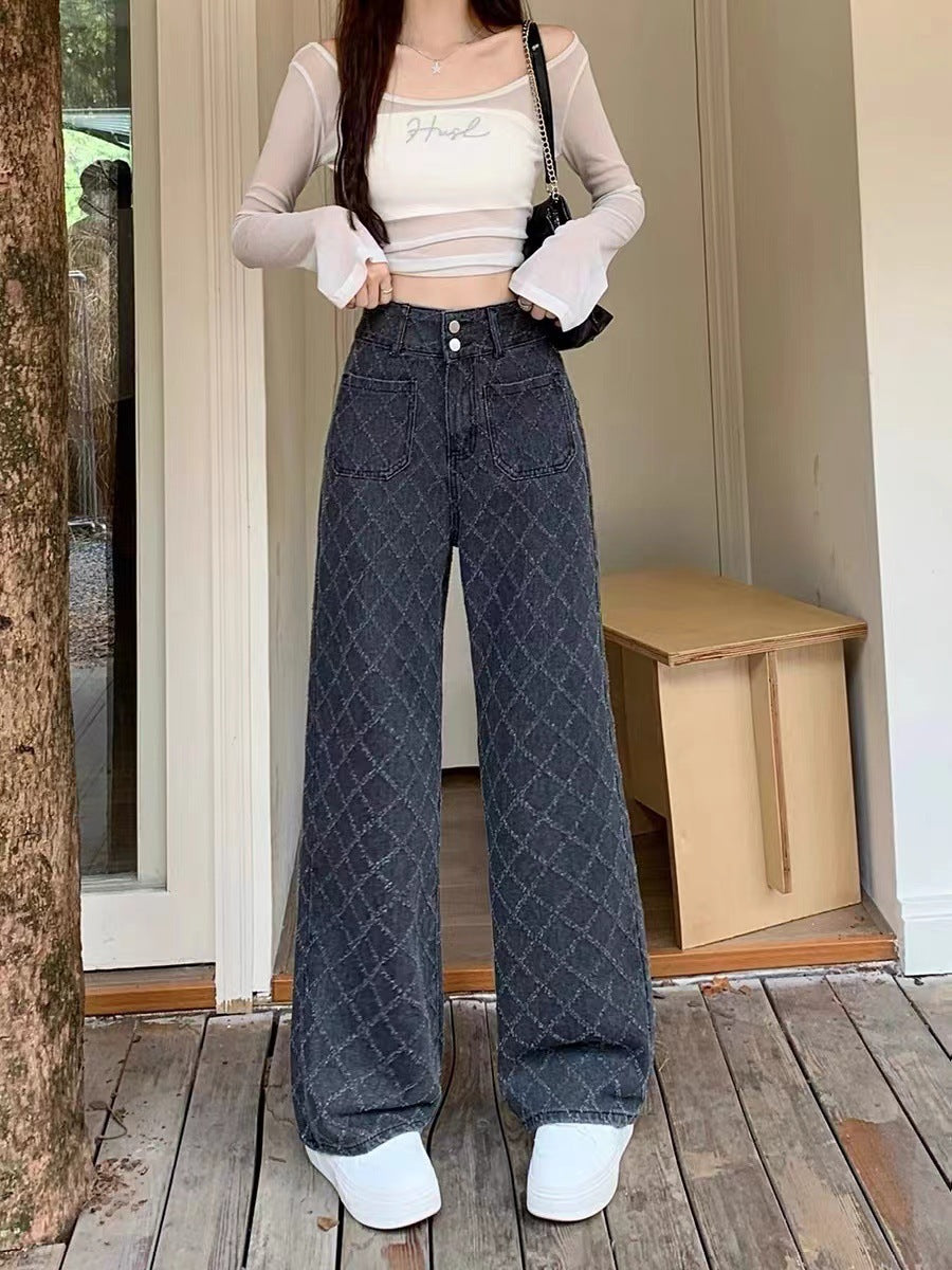 Summer Ladies New Loose Drooping Slimming Jacquard Design Straight-leg Denim Trousers