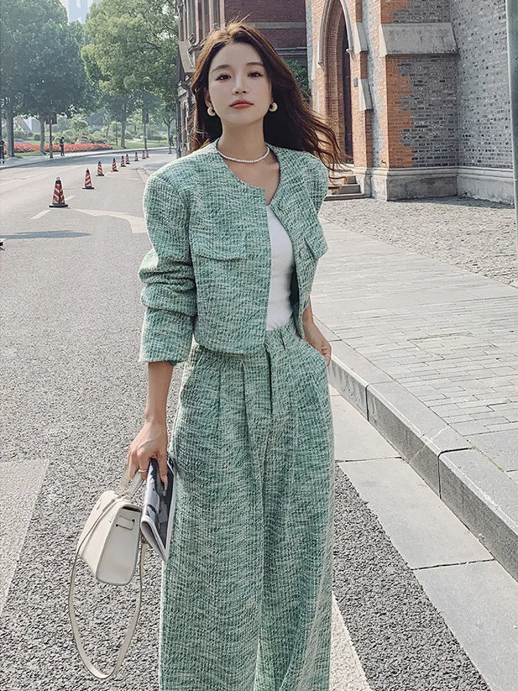 Green Acrylic Casual Suit for Women Autumn Flight Sleeve S-XL